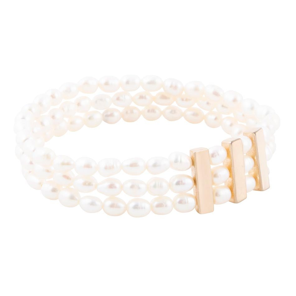 Triple Freshwater White Pearl Classic Golden Stretch Bracelet