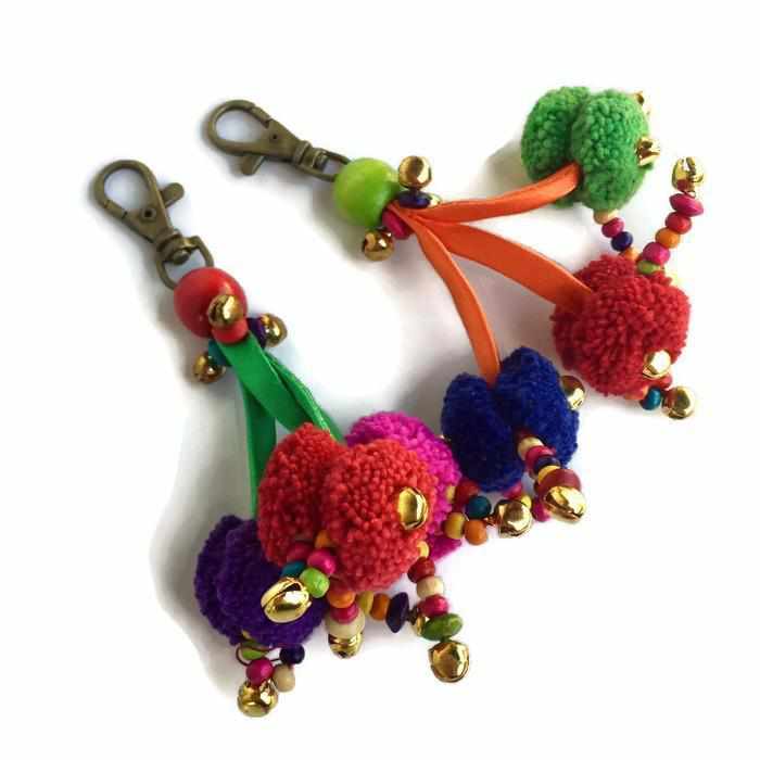 Triple Pom Pom Keychain | Handmade Zipper Pull with Beads | Thailand Zipper Pulls La Vie Bien Triple Pom Pom Keychain | Handmade Zipper Pull with Beads | Thailand