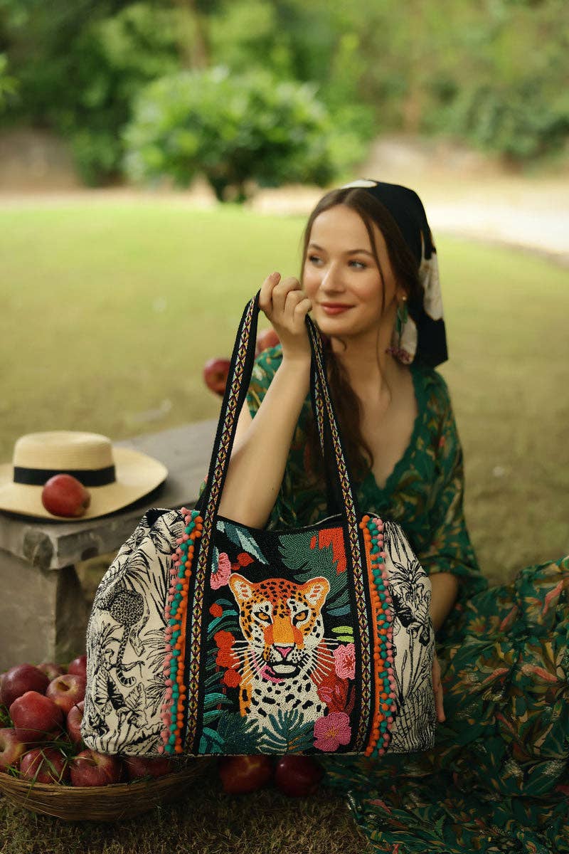 Tropical Leopard Embellished Tote Accessories La Vie Bien Tropical Leopard Embellished Tote