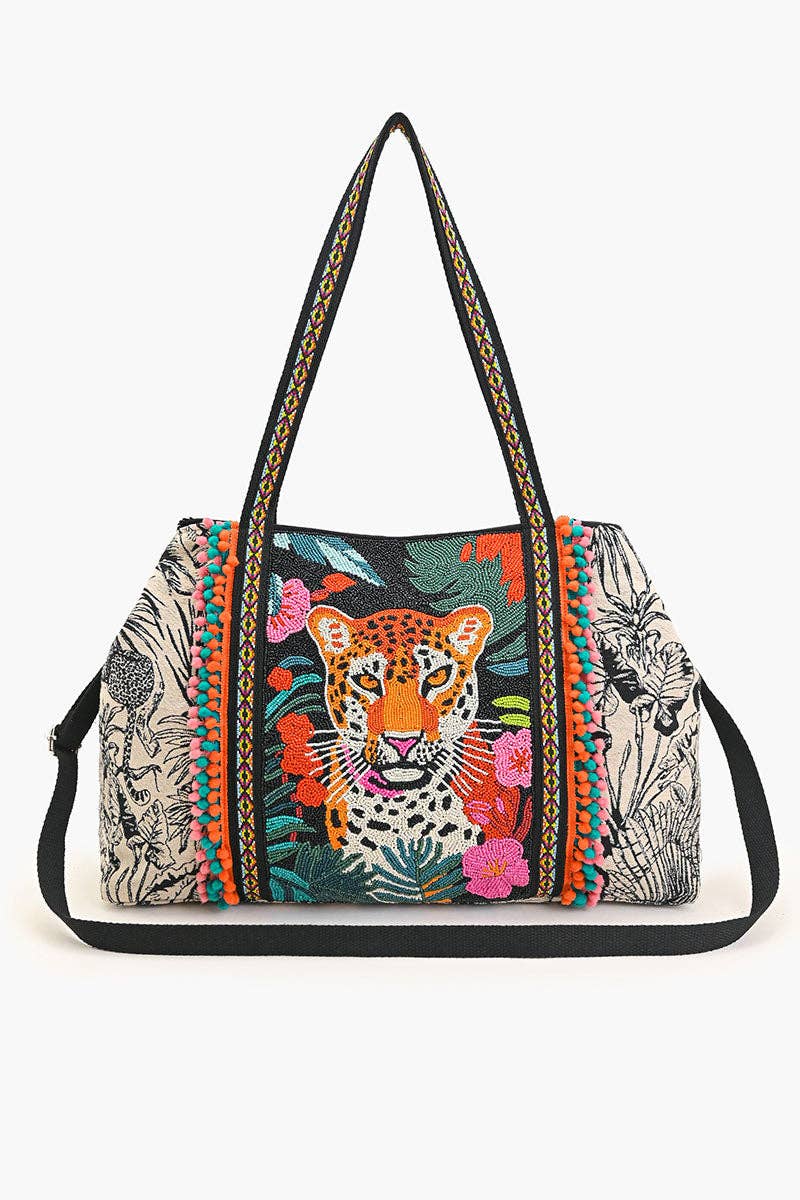 Tropical Leopard Embellished Tote Accessories La Vie Bien Tropical Leopard Embellished Tote