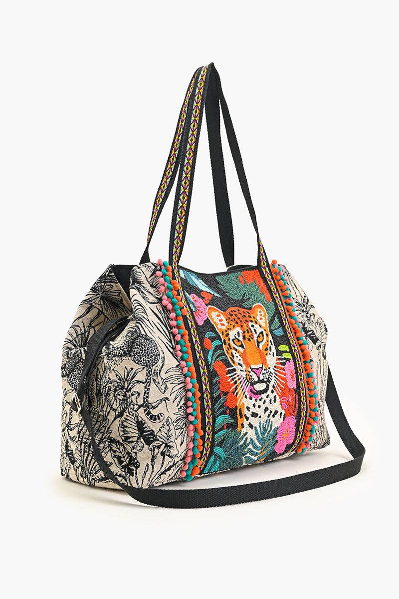Tropical Leopard Embellished Tote Accessories La Vie Bien Tropical Leopard Embellished Tote