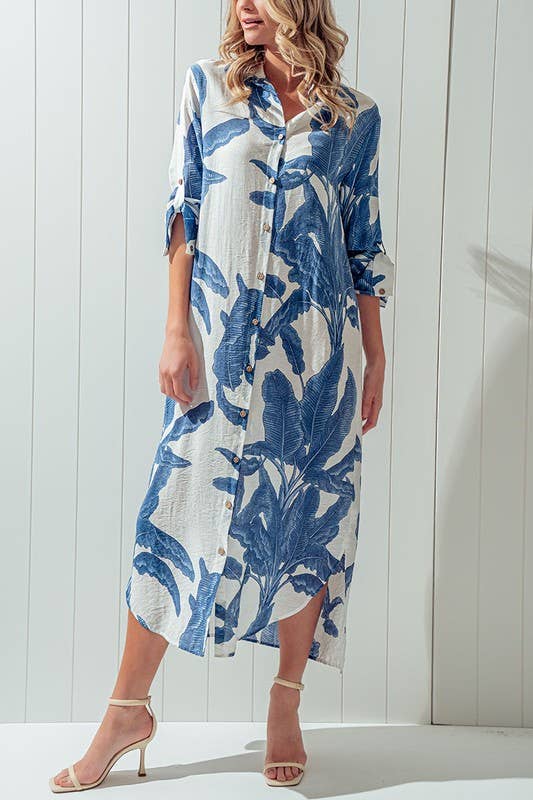 Tropical Palm Leaf Button - Down Midi Dress - Resort and Spring Collection Clothing La Vie Bien Tropical Palm Leaf Button - Down Midi Dress - Resort and Spring Collection