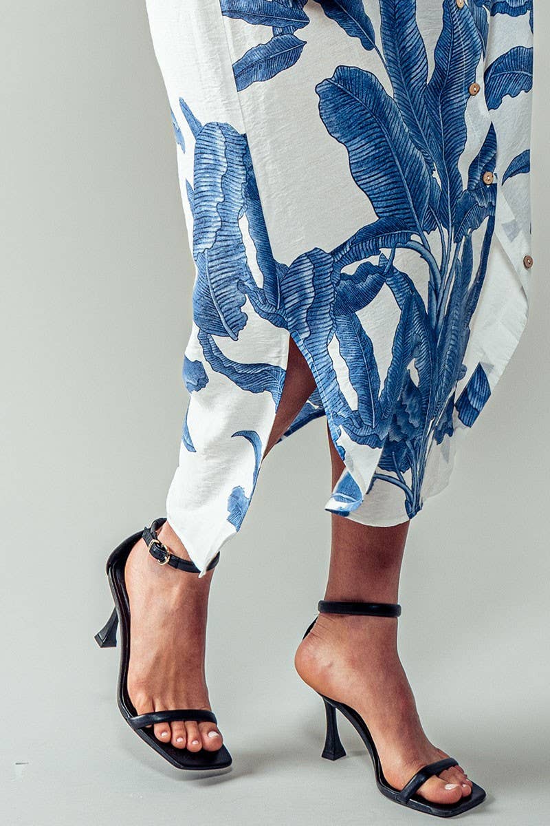 Tropical Palm Leaf Button - Down Midi Dress - Resort and Spring Collection Clothing La Vie Bien Tropical Palm Leaf Button - Down Midi Dress - Resort and Spring Collection