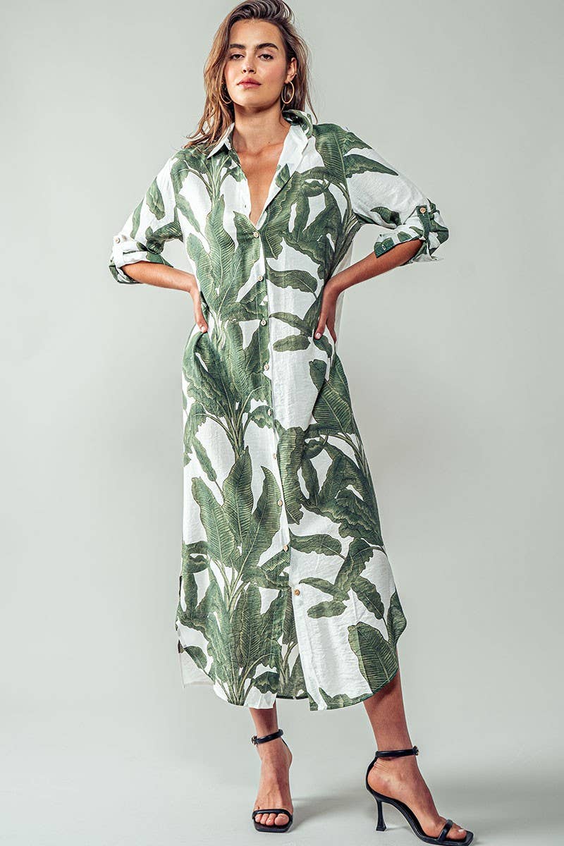 Tropical Palm Leaf Button - Down Midi Dress - Resort and Spring Collection Clothing La Vie Bien Tropical Palm Leaf Button - Down Midi Dress - Resort and Spring Collection