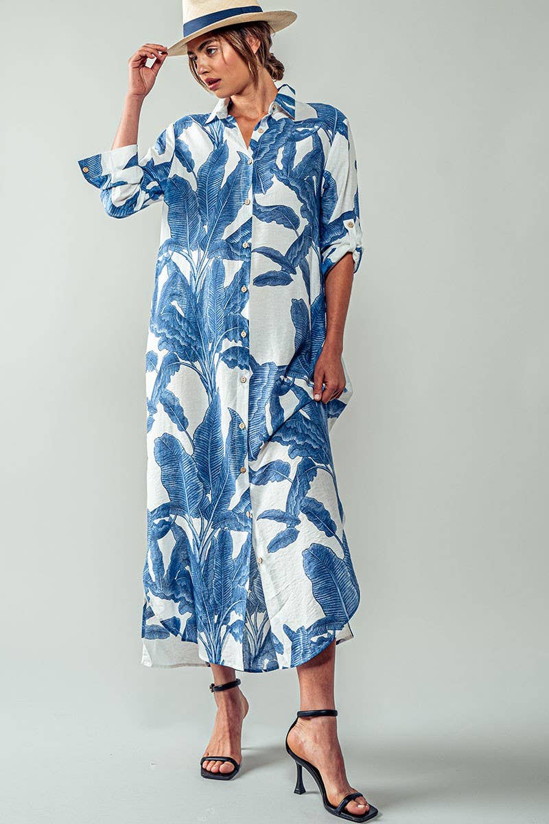 Tropical Palm Leaf Button - Down Midi Dress - Resort and Spring Collection Clothing La Vie Bien Tropical Palm Leaf Button - Down Midi Dress - Resort and Spring Collection