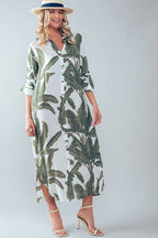 Tropical Palm Leaf Button - Down Midi Dress - Resort and Spring Collection Clothing La Vie Bien Tropical Palm Leaf Button - Down Midi Dress - Resort and Spring Collection