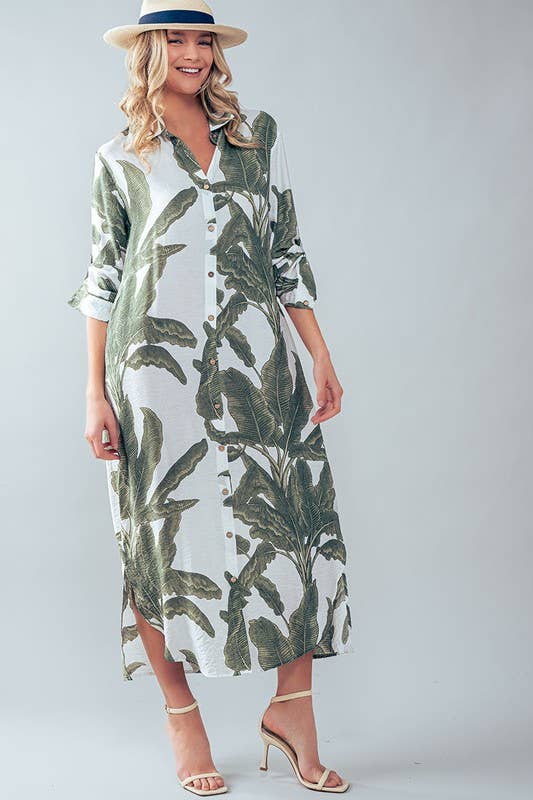 Tropical Palm Leaf Button - Down Midi Dress - Resort and Spring Collection Clothing La Vie Bien Tropical Palm Leaf Button - Down Midi Dress - Resort and Spring Collection