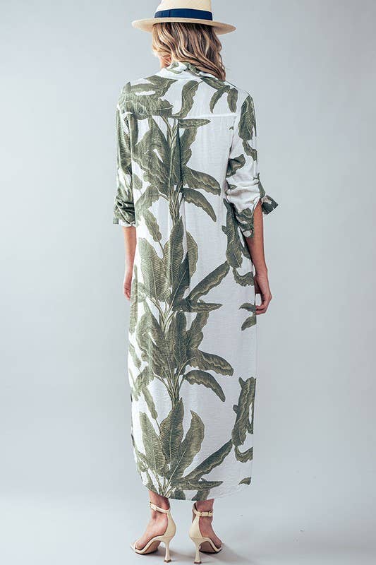 Tropical Palm Leaf Button - Down Midi Dress - Resort and Spring Collection Clothing La Vie Bien Tropical Palm Leaf Button - Down Midi Dress - Resort and Spring Collection