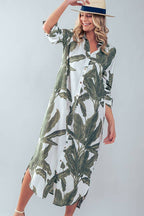 Tropical Palm Leaf Button - Down Midi Dress - Resort and Spring Collection Clothing La Vie Bien Tropical Palm Leaf Button - Down Midi Dress - Resort and Spring Collection