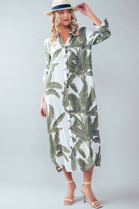Tropical Palm Leaf Button - Down Midi Dress - Resort and Spring Collection Clothing La Vie Bien Tropical Palm Leaf Button - Down Midi Dress - Resort and Spring Collection