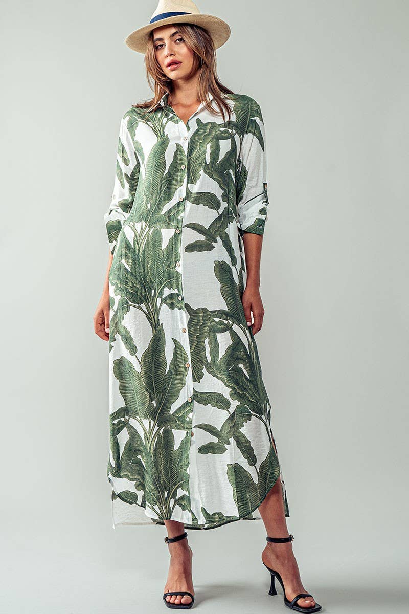 Tropical Palm Leaf Button - Down Midi Dress - Resort and Spring Collection Clothing La Vie Bien Tropical Palm Leaf Button - Down Midi Dress - Resort and Spring Collection