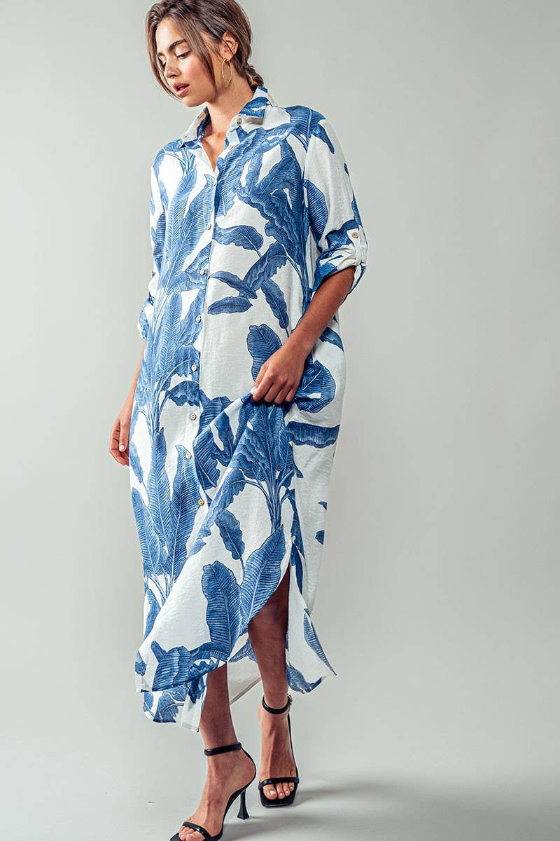 Tropical Palm Leaf Button - Down Midi Dress - Resort and Spring Collection Clothing La Vie Bien Tropical Palm Leaf Button - Down Midi Dress - Resort and Spring Collection