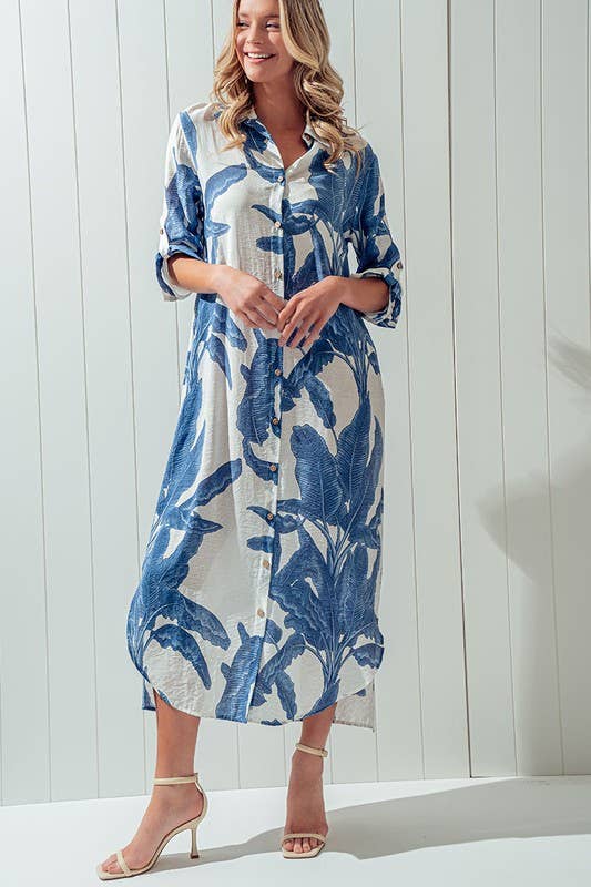 Tropical Palm Leaf Button - Down Midi Dress - Resort and Spring Collection Clothing La Vie Bien Tropical Palm Leaf Button - Down Midi Dress - Resort and Spring Collection