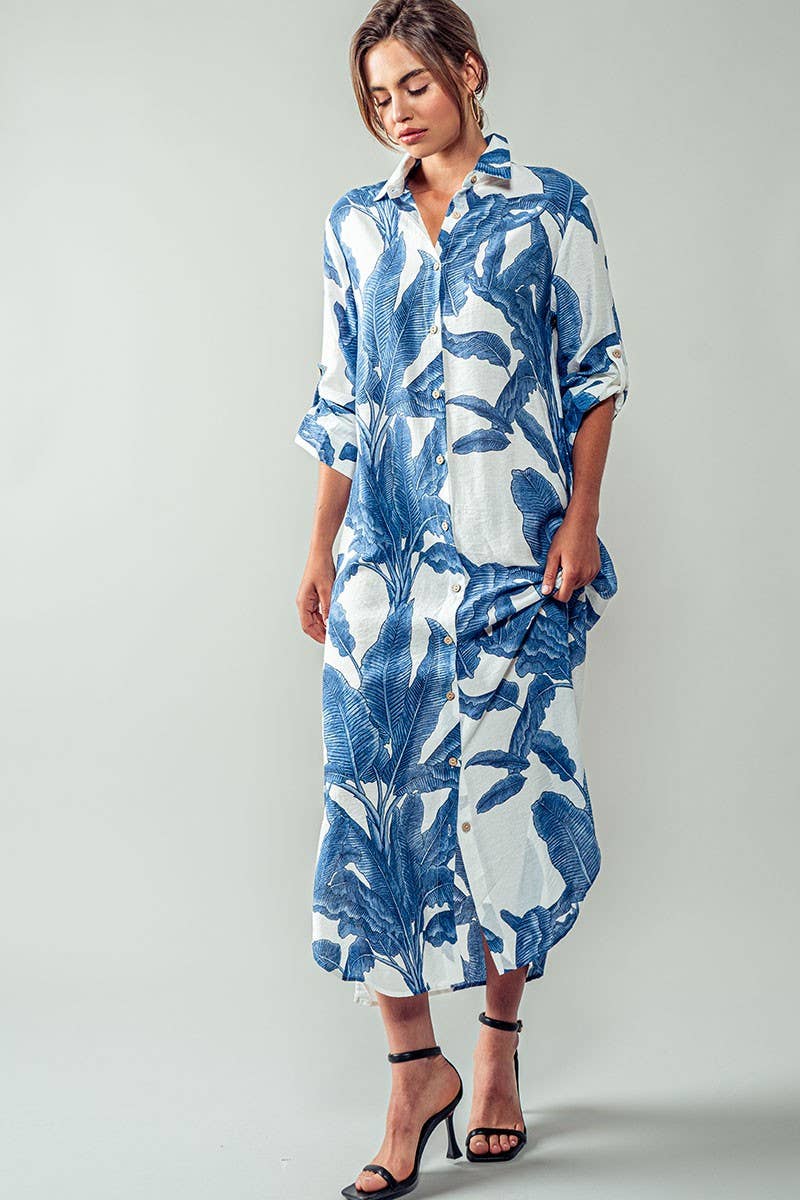 Tropical Palm Leaf Button - Down Midi Dress - Resort and Spring Collection Clothing La Vie Bien Tropical Palm Leaf Button - Down Midi Dress - Resort and Spring Collection