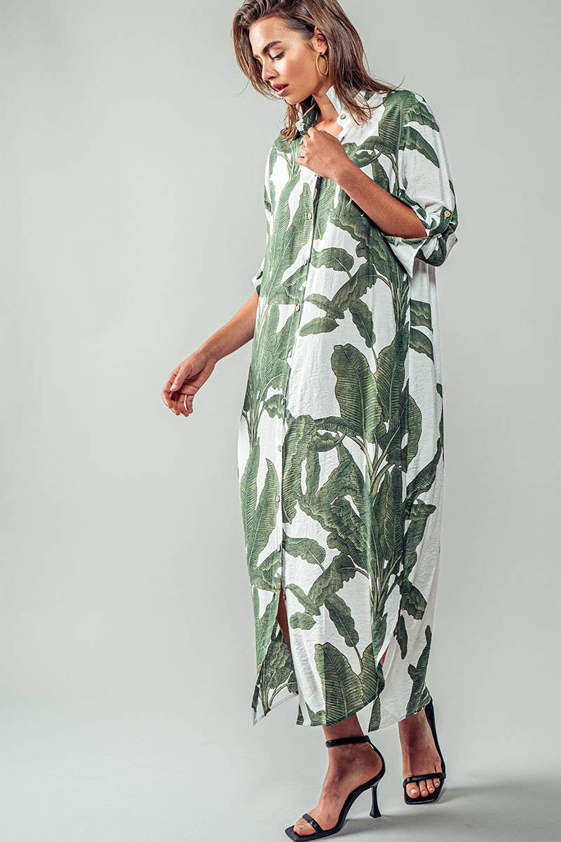 Tropical Palm Leaf Button - Down Midi Dress - Resort and Spring Collection Clothing La Vie Bien Tropical Palm Leaf Button - Down Midi Dress - Resort and Spring Collection