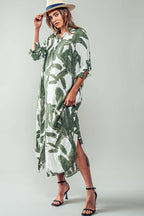 Tropical Palm Leaf Button - Down Midi Dress - Resort and Spring Collection Clothing La Vie Bien Tropical Palm Leaf Button - Down Midi Dress - Resort and Spring Collection