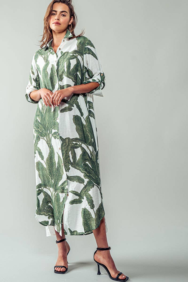 Tropical Palm Leaf Button - Down Midi Dress - Resort and Spring Collection Clothing La Vie Bien Tropical Palm Leaf Button - Down Midi Dress - Resort and Spring Collection