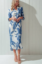 Tropical Palm Leaf Button - Down Midi Dress - Resort and Spring Collection Clothing La Vie Bien Tropical Palm Leaf Button - Down Midi Dress - Resort and Spring Collection