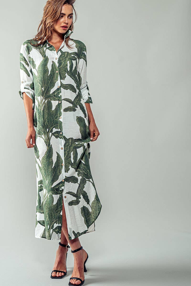 Tropical Palm Leaf Button - Down Midi Dress - Resort and Spring Collection Clothing La Vie Bien Tropical Palm Leaf Button - Down Midi Dress - Resort and Spring Collection