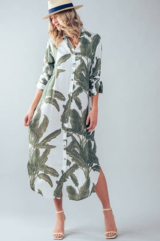 Tropical Palm Leaf Button - Down Midi Dress - Resort and Spring Collection Clothing La Vie Bien Tropical Palm Leaf Button - Down Midi Dress - Resort and Spring Collection