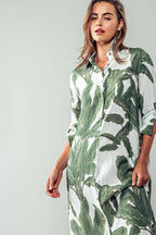 Tropical Palm Leaf Button - Down Midi Dress - Resort and Spring Collection Clothing La Vie Bien Tropical Palm Leaf Button - Down Midi Dress - Resort and Spring Collection