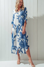 Tropical Palm Leaf Button - Down Midi Dress - Resort and Spring Collection Clothing La Vie Bien Tropical Palm Leaf Button - Down Midi Dress - Resort and Spring Collection