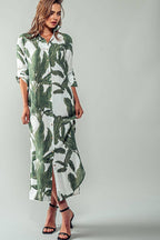 Tropical Palm Leaf Button - Down Midi Dress - Resort and Spring Collection Clothing La Vie Bien Tropical Palm Leaf Button - Down Midi Dress - Resort and Spring Collection