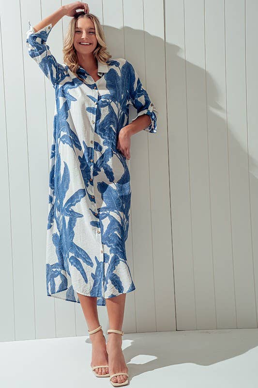 Tropical Palm Leaf Button - Down Midi Dress - Resort and Spring Collection Clothing La Vie Bien Tropical Palm Leaf Button - Down Midi Dress - Resort and Spring Collection