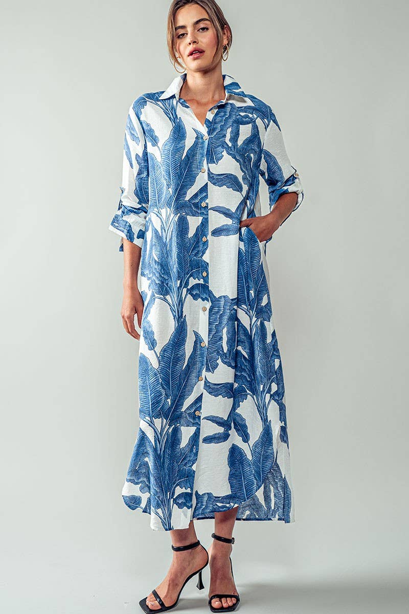 Tropical Palm Leaf Button - Down Midi Dress - Resort and Spring Collection Clothing La Vie Bien Tropical Palm Leaf Button - Down Midi Dress - Resort and Spring Collection