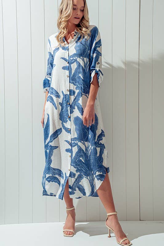 Tropical Palm Leaf Button - Down Midi Dress - Resort and Spring Collection Clothing La Vie Bien Tropical Palm Leaf Button - Down Midi Dress - Resort and Spring Collection