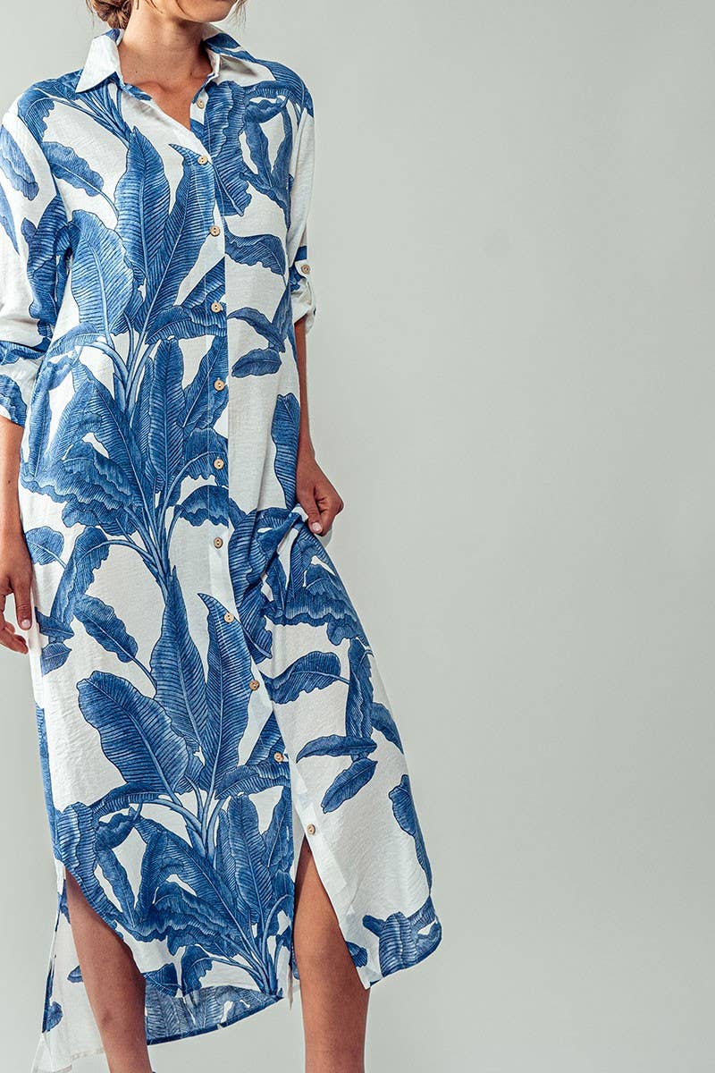 Tropical Palm Leaf Button - Down Midi Dress - Resort and Spring Collection Clothing La Vie Bien Tropical Palm Leaf Button - Down Midi Dress - Resort and Spring Collection