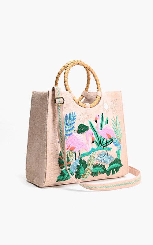 Tropical Pink Flamenco Embellished Tote – Artisanal Elegance Accessories La Vie Bien Tropical Pink Flamenco Embellished Tote – Artisanal Elegance