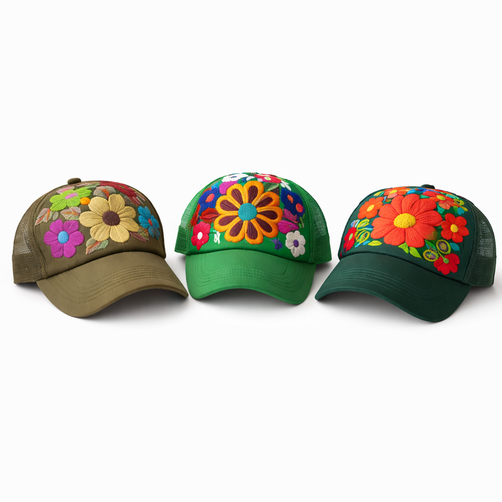 Tulum Hand Embroidered Trucker Flower Hat - Mexico Apparel La Vie Bien Tulum Hand Embroidered Trucker Flower Hat - Mexico