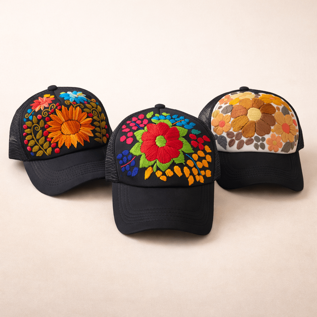 Tulum Hand Embroidered Trucker Flower Hat - Mexico Apparel La Vie Bien Tulum Hand Embroidered Trucker Flower Hat - Mexico