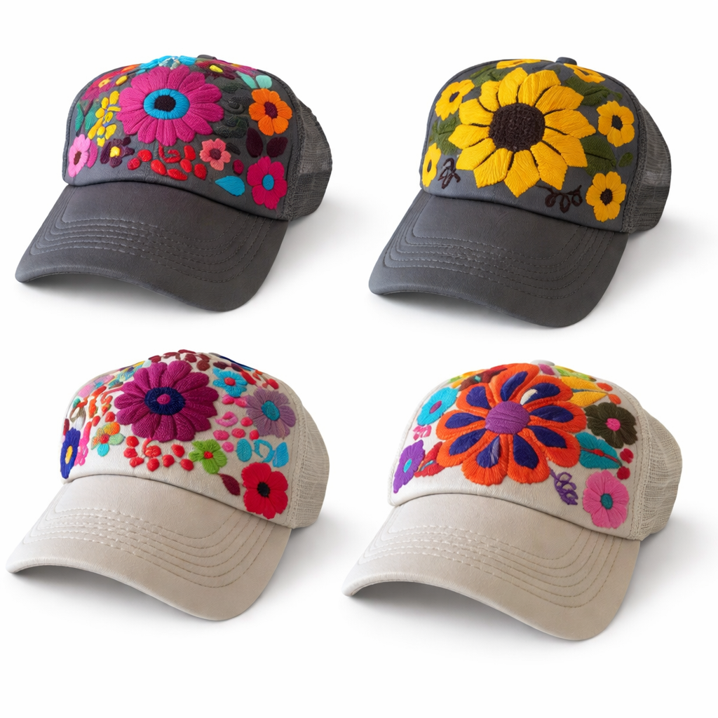 Tulum Hand Embroidered Trucker Flower Hat - Mexico Apparel La Vie Bien Tulum Hand Embroidered Trucker Flower Hat - Mexico