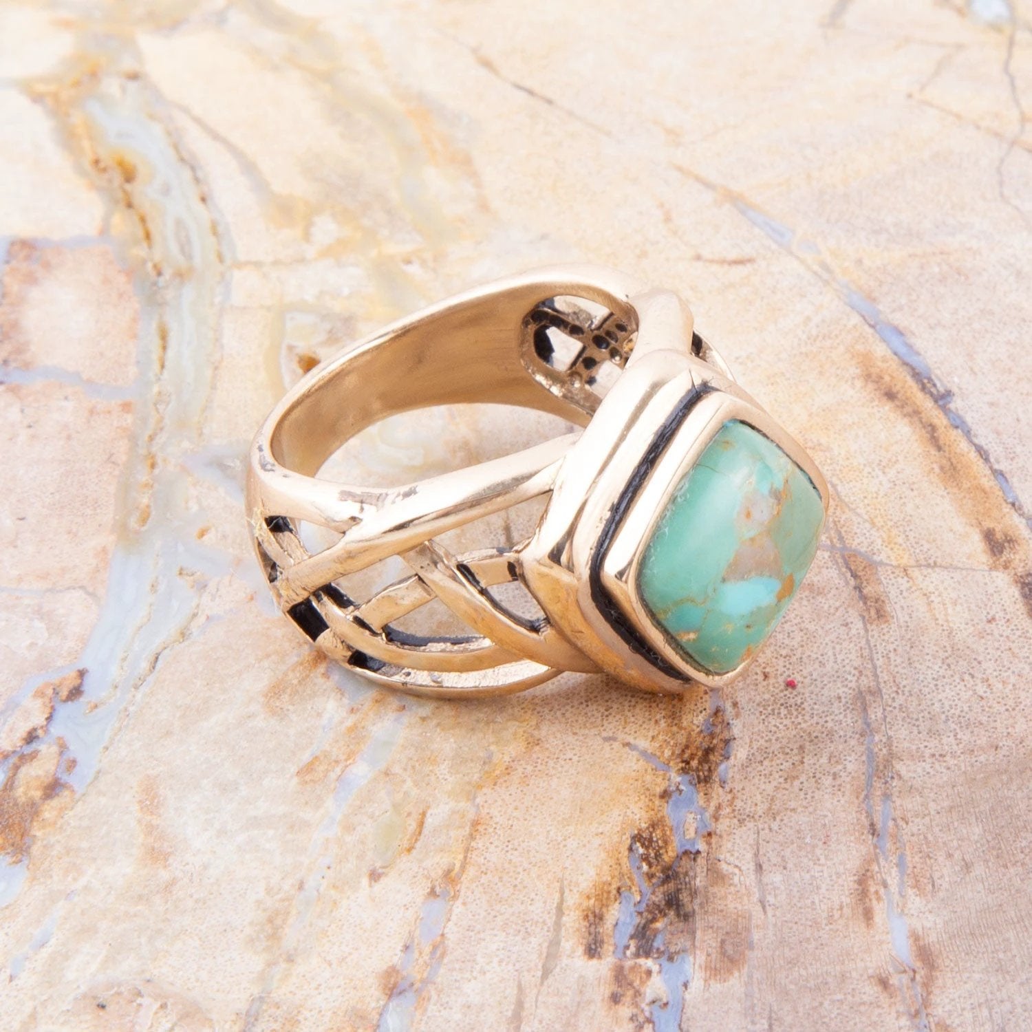 Blue Turquoise and Golden Bronze Cut Out Ring by Barse Jewelry
