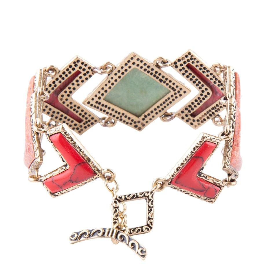 Green Turquoise and Coral Tapestry Golden Link Bracelet by Barse Jewelry
