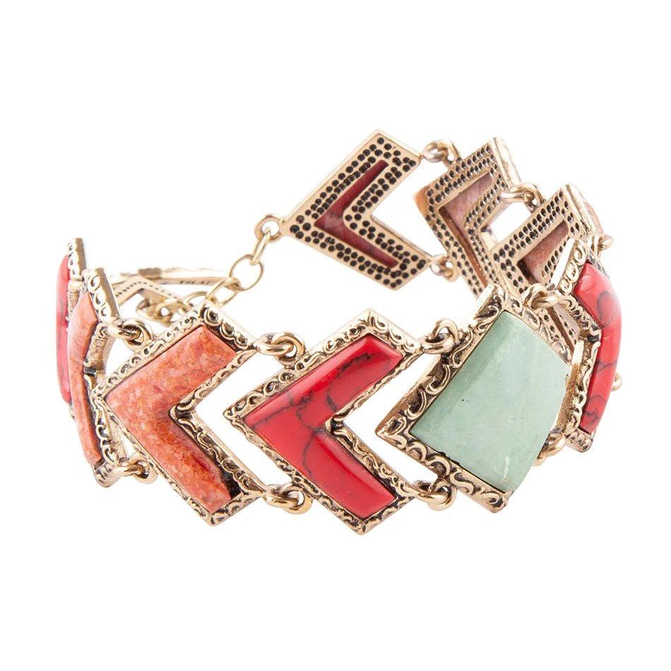 Green Turquoise and Coral Tapestry Golden Link Bracelet by Barse Jewelry