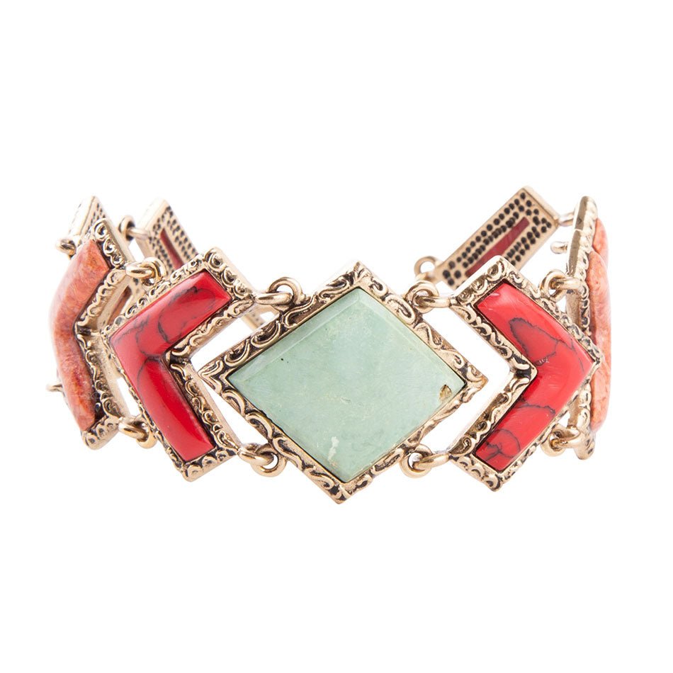 Green Turquoise and Coral Tapestry Golden Link Bracelet by Barse Jewelry