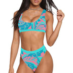 Turquoise and Pink Tropical Sherbet Fractal Sport Top & High-Waisted Bikini Swimsuit / Rave Set | UV Blacklight Reactive by BigTexFunkadelic