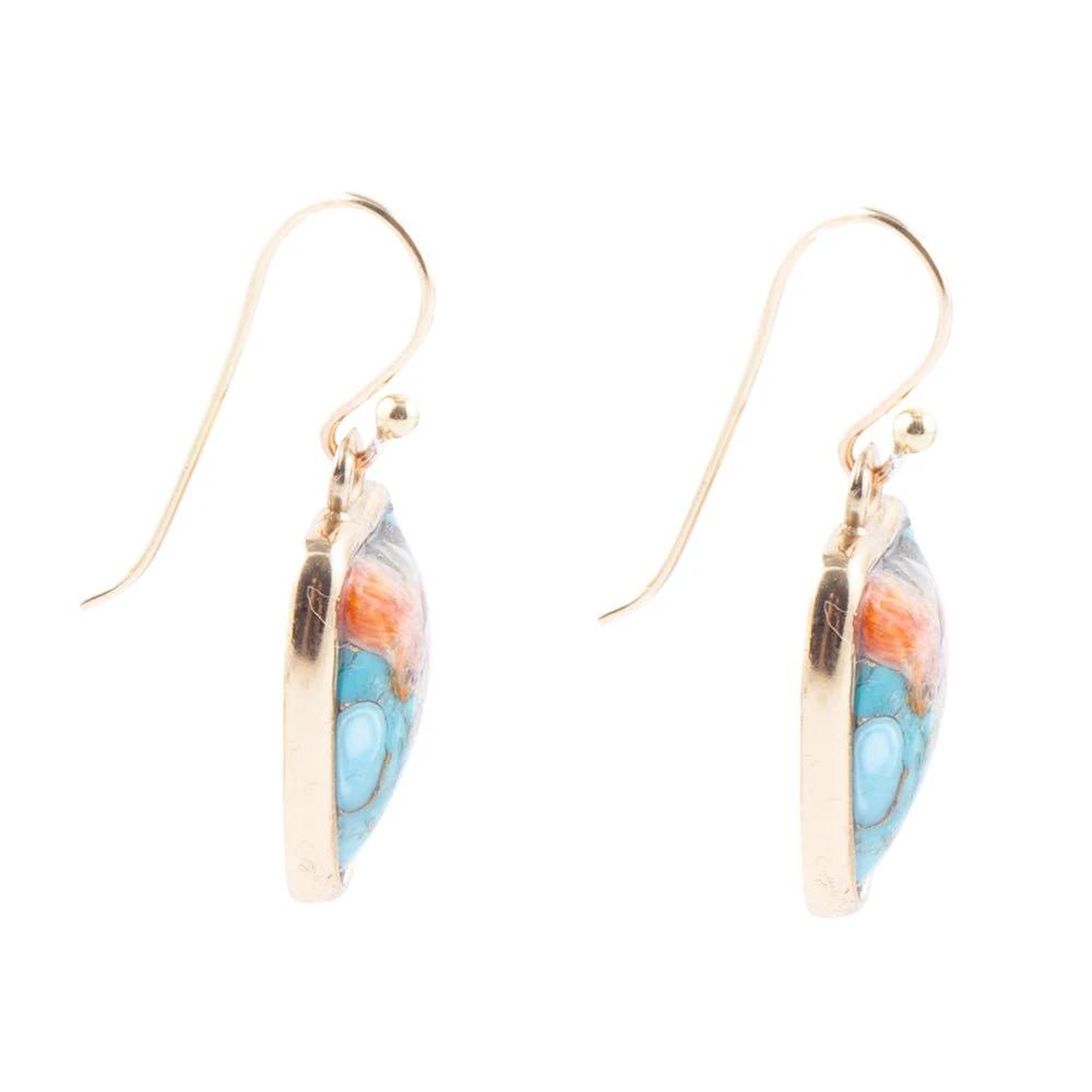 Blue Turquoise and Orange Spiny Oyster Matrix Golden Drop Earrings by Barse Jewelry