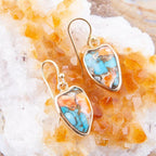 Blue Turquoise and Orange Spiny Oyster Matrix Golden Drop Earrings by Barse Jewelry