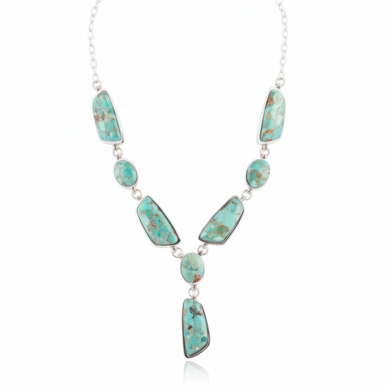 Genuine Blue Turquoise Sterling Silver Abstract Statement Necklace