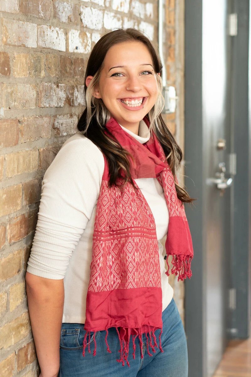 Tuyen Woven Patterned Scarf - Raspberry by Fair Anita