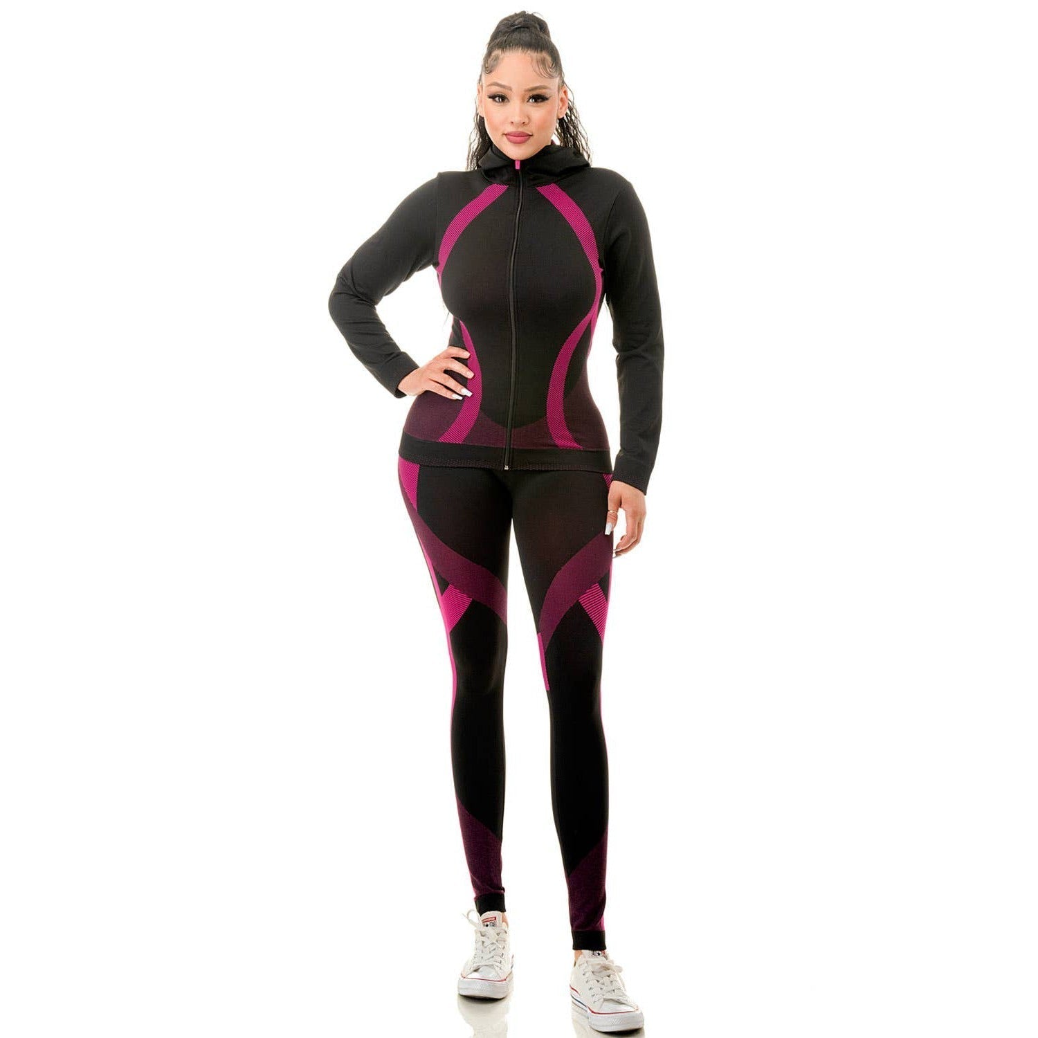 Two Piece Active Zip Up Hooded Jacket + Leggings Set in Fuchsia - One Size S/M