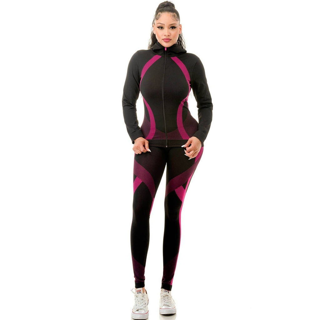 Two Piece Active Zip Up Hooded Jacket + Leggings Set in Fuchsia - One Size S/M
