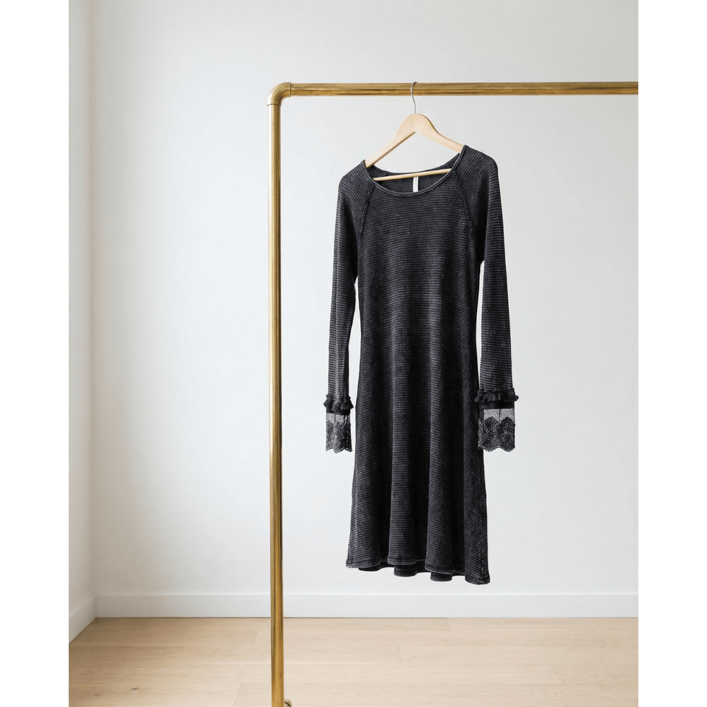 Ultimate '90s Princess Grunge Waffle Dress in Black with Lace Mesh Sleeve Detail | Y2K Mall Goth Long Sleeve Fall Winter Dress [SM-XL] Dress La Vie Bien Ultimate '90s Princess Grunge Waffle Dress in Black with Lace Mesh Sleeve Detail | Y2K Mall Goth Long Sleeve Fall Winter Dress [SM-XL]