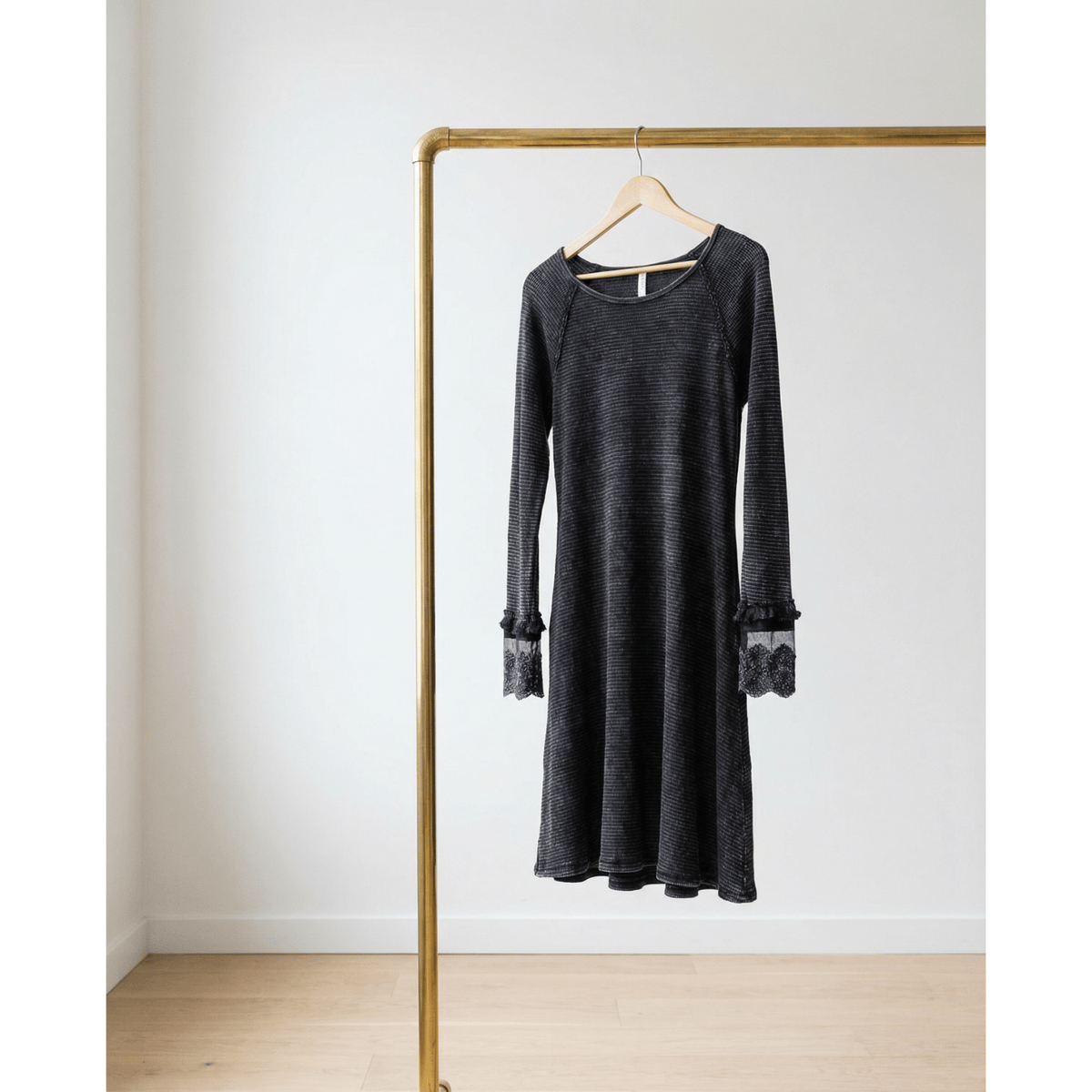 Ultimate '90s Princess Grunge Waffle Dress in Black with Lace Mesh Sleeve Detail | Y2K Mall Goth Long Sleeve Fall Winter Dress [SM-XL] Dress La Vie Bien Ultimate '90s Princess Grunge Waffle Dress in Black with Lace Mesh Sleeve Detail | Y2K Mall Goth Long Sleeve Fall Winter Dress [SM-XL]
