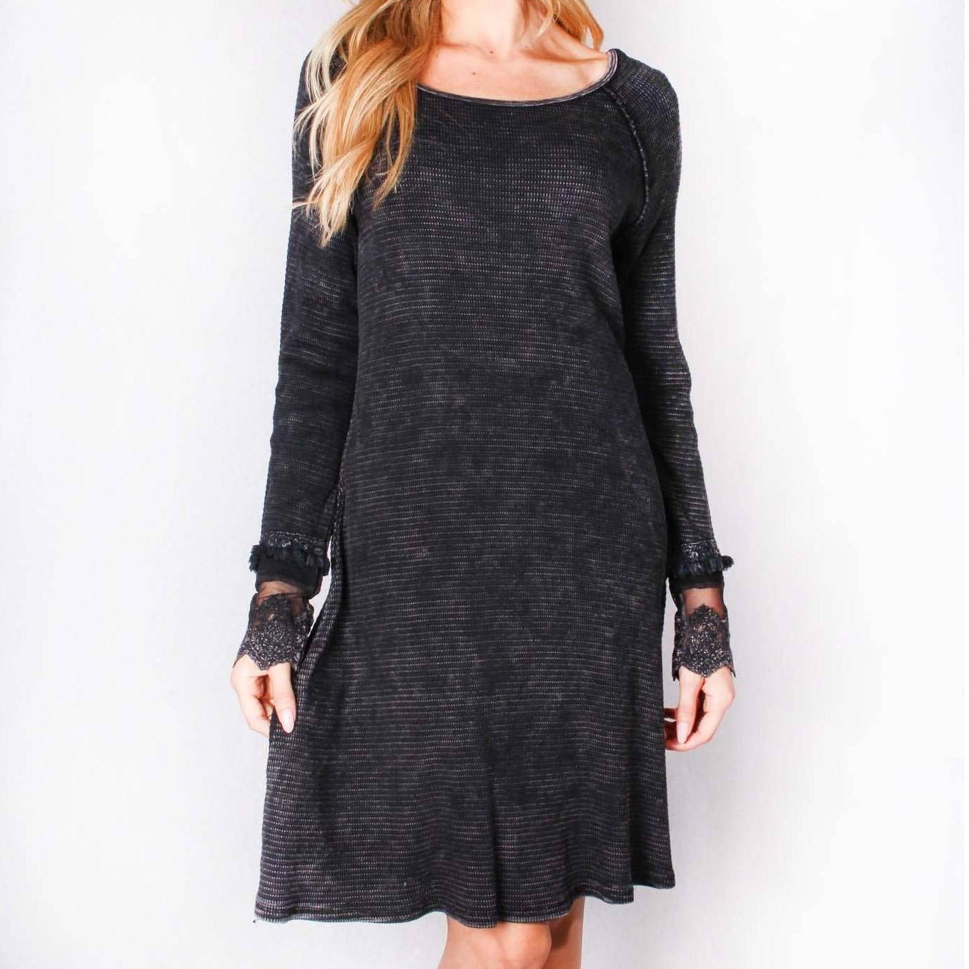 Ultimate '90s Princess Grunge Waffle Dress in Black with Lace Mesh Sleeve Detail | Y2K Mall Goth Long Sleeve Fall Winter Dress [SM - XL] Dress La Vie Bien Ultimate '90s Princess Grunge Waffle Dress in Black with Lace Mesh Sleeve Detail | Y2K Mall Goth Long Sleeve Fall Winter Dress [SM - XL]