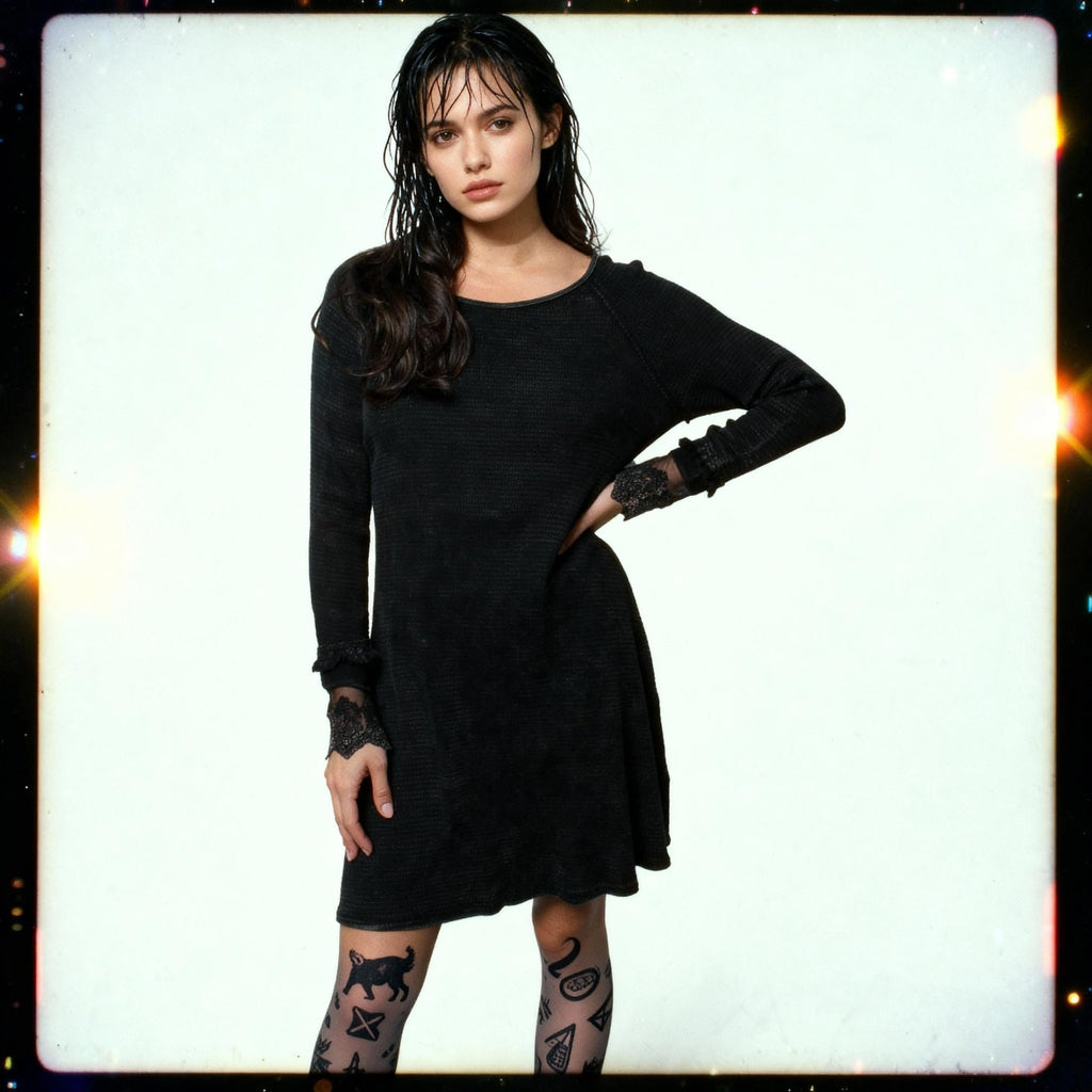 Ultimate '90s Princess Grunge Waffle Dress in Black with Lace Mesh Sleeve Detail | Y2K Mall Goth Long Sleeve Fall Winter Dress [SM - XL] Dress La Vie Bien Ultimate '90s Princess Grunge Waffle Dress in Black with Lace Mesh Sleeve Detail | Y2K Mall Goth Long Sleeve Fall Winter Dress [SM - XL]